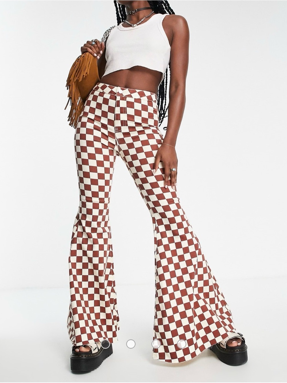 Free People Checkerboard High-Waist Flared Pants - Brown & White size 28
